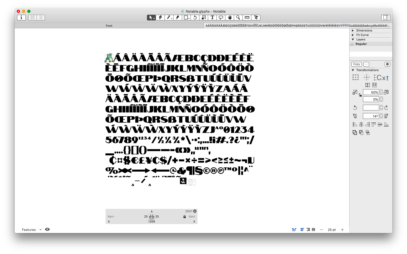 All glyphs of a font open in a tab of GlyphsApp