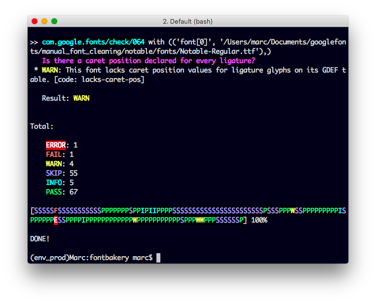 Checking TTF font files with FontBakery in the command line