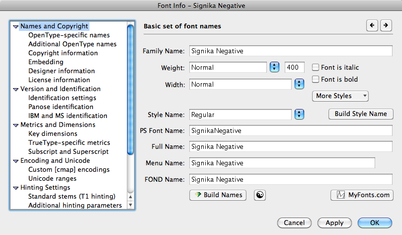 Regular PSName Setting in FontLab - default