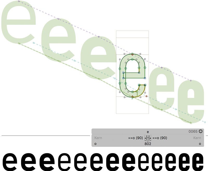 Showing the letter E in font Bahnshrift in a font design tool.